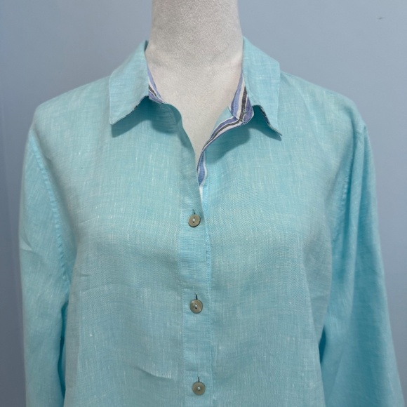 Chicos 3 No Iron 3/4 Sleeve 100% Linen Blue Blouse Size 16 - Picture 2 of 8